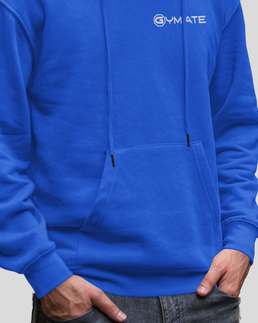 Blue Hoodie Mens – Gymate Designer small logo to chest close up front