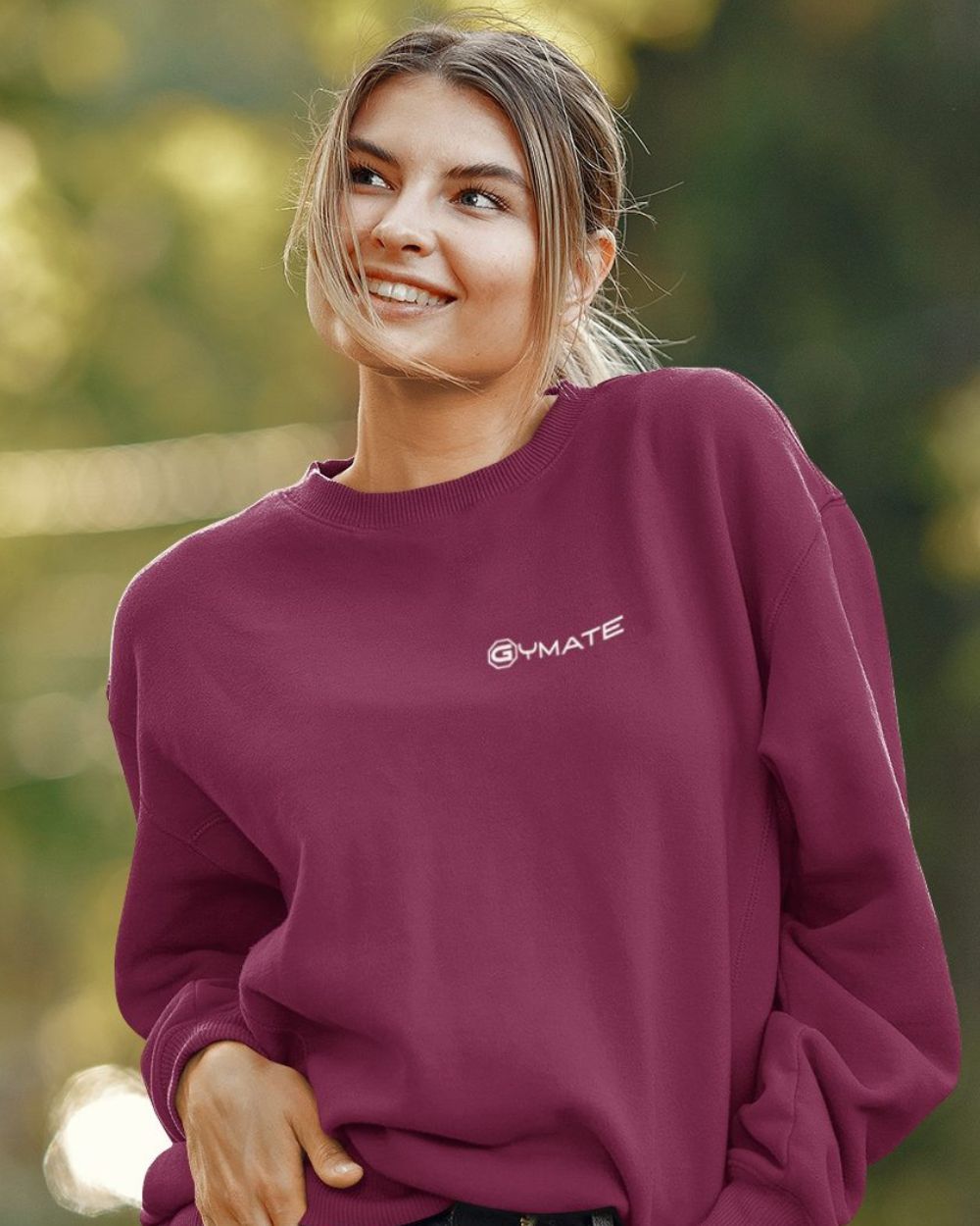 burgandy womens design sweatshirt with white Gymate logo to chest
