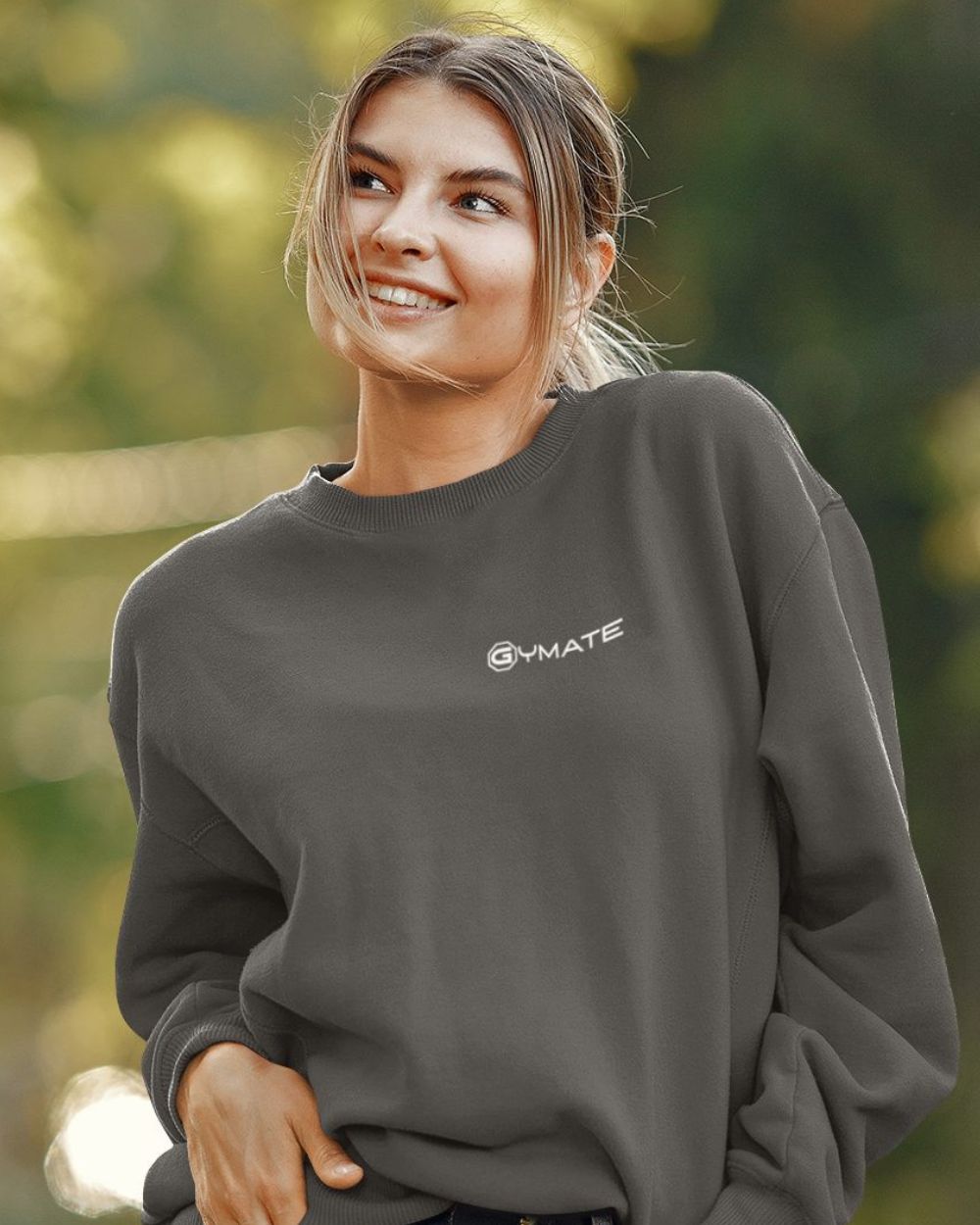 dark grey womens design sweatshirt with white Gymate logo to chest