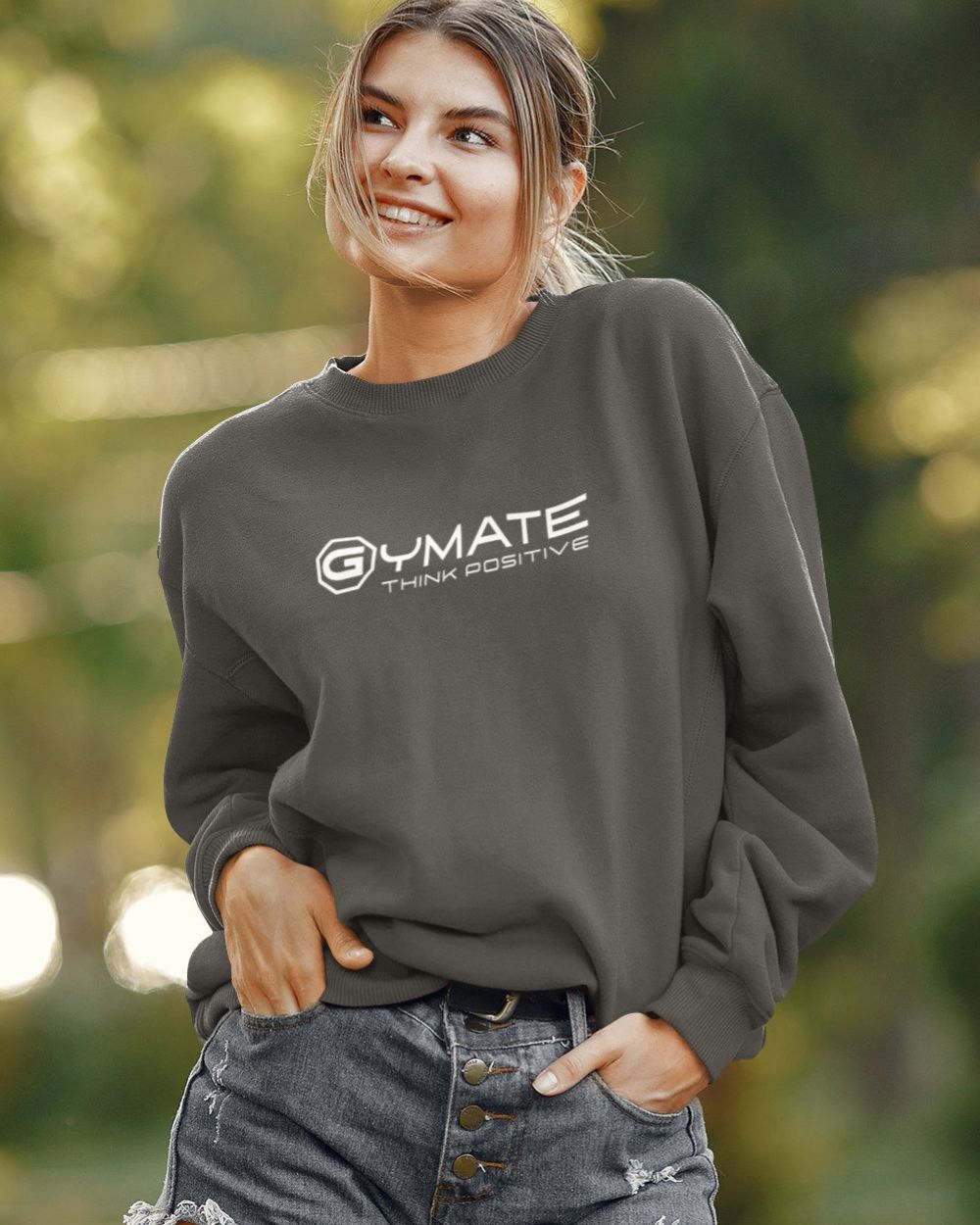 dark grey Designer Womens Sweatshirts 'Think Positive' Gymate logo