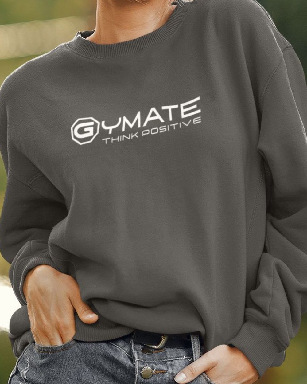 dark grey Designer Womens Sweatshirts close up Gymate logo
