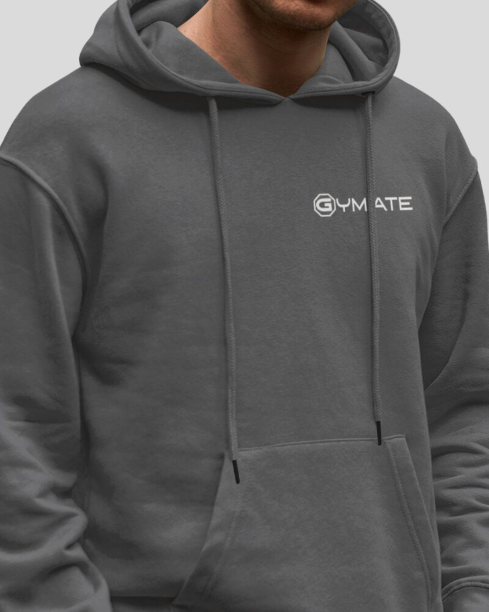 dark grey Mens Hoodies Designer Gymate close up logo