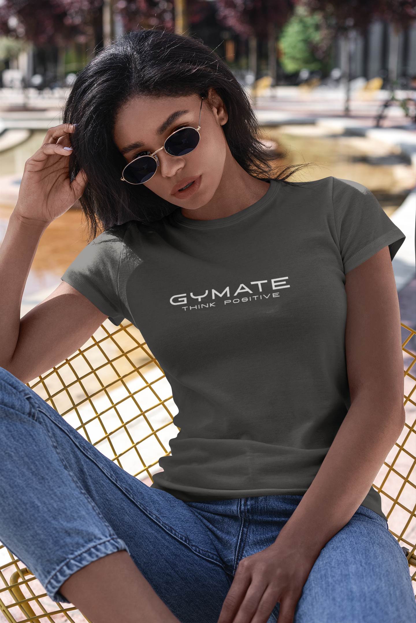 Designer T shirts for women Original Gymate Think Positive dark grey
