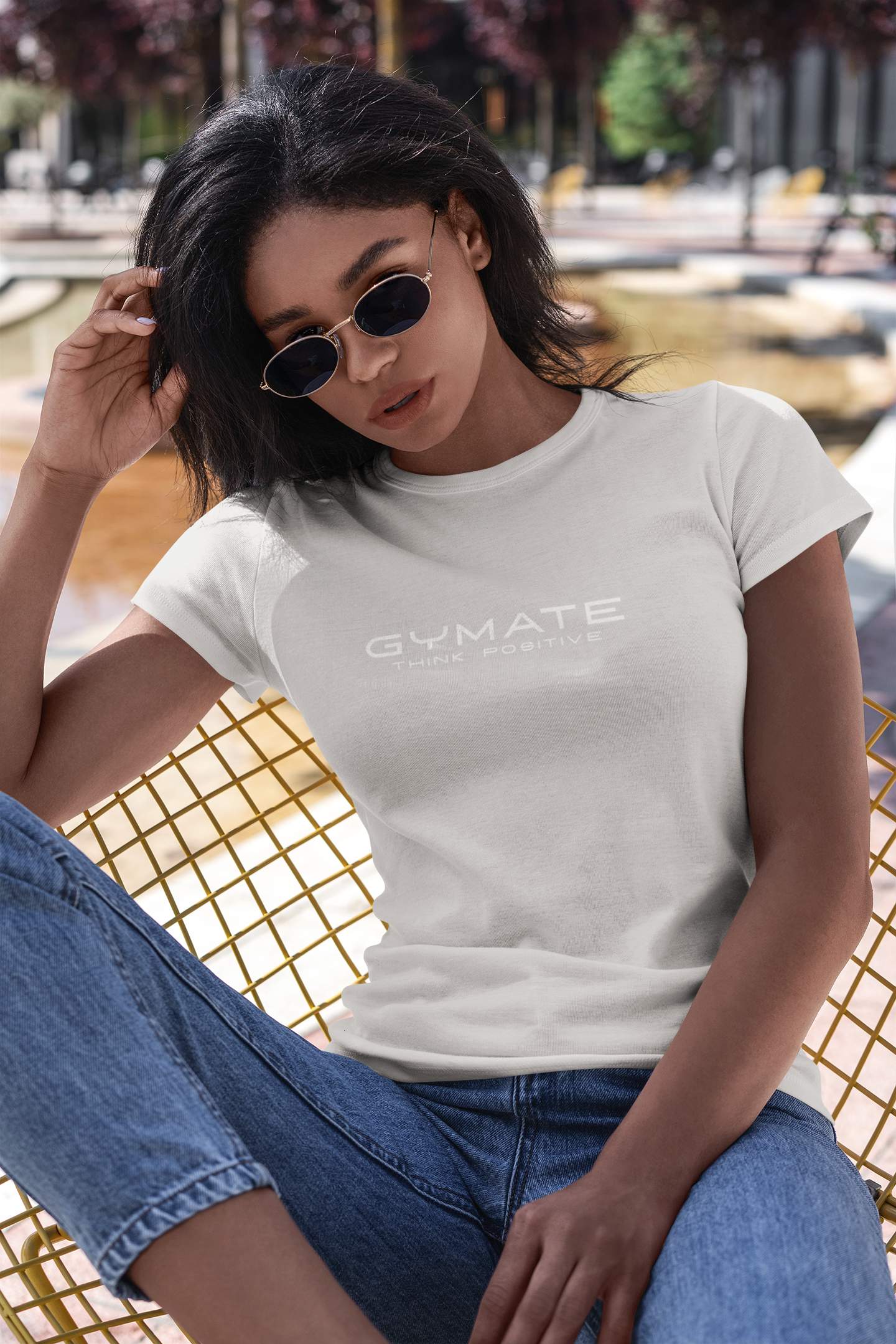 Designer T shirts for women Original Gymate Think Positive grey