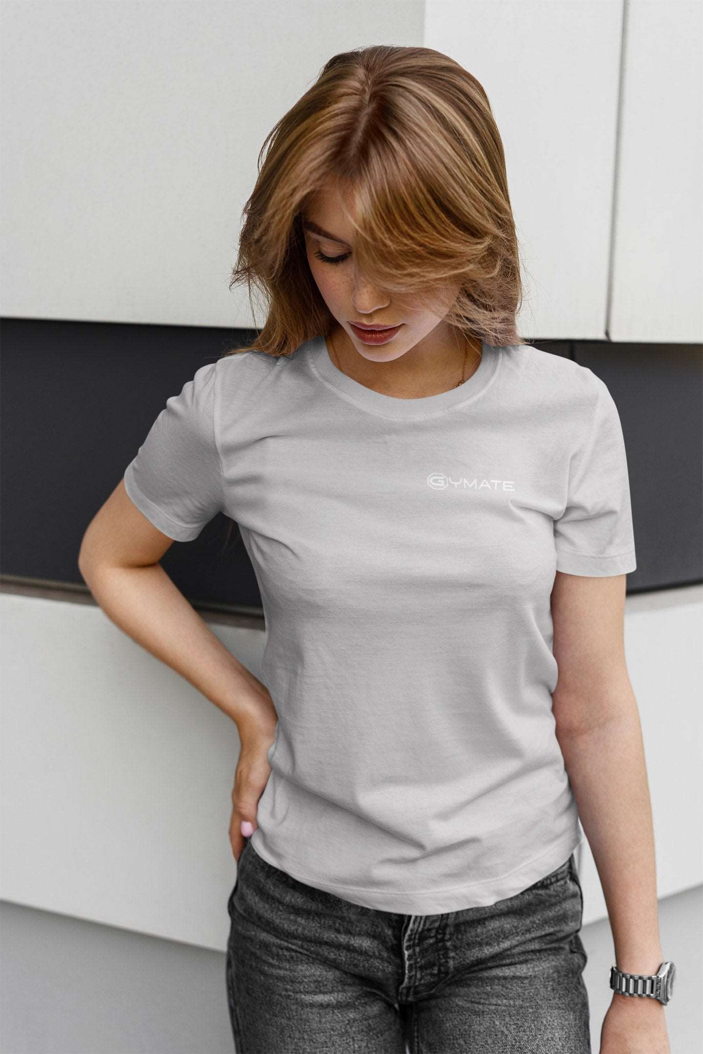 Designer T shirts for women Gymate [chest] grey