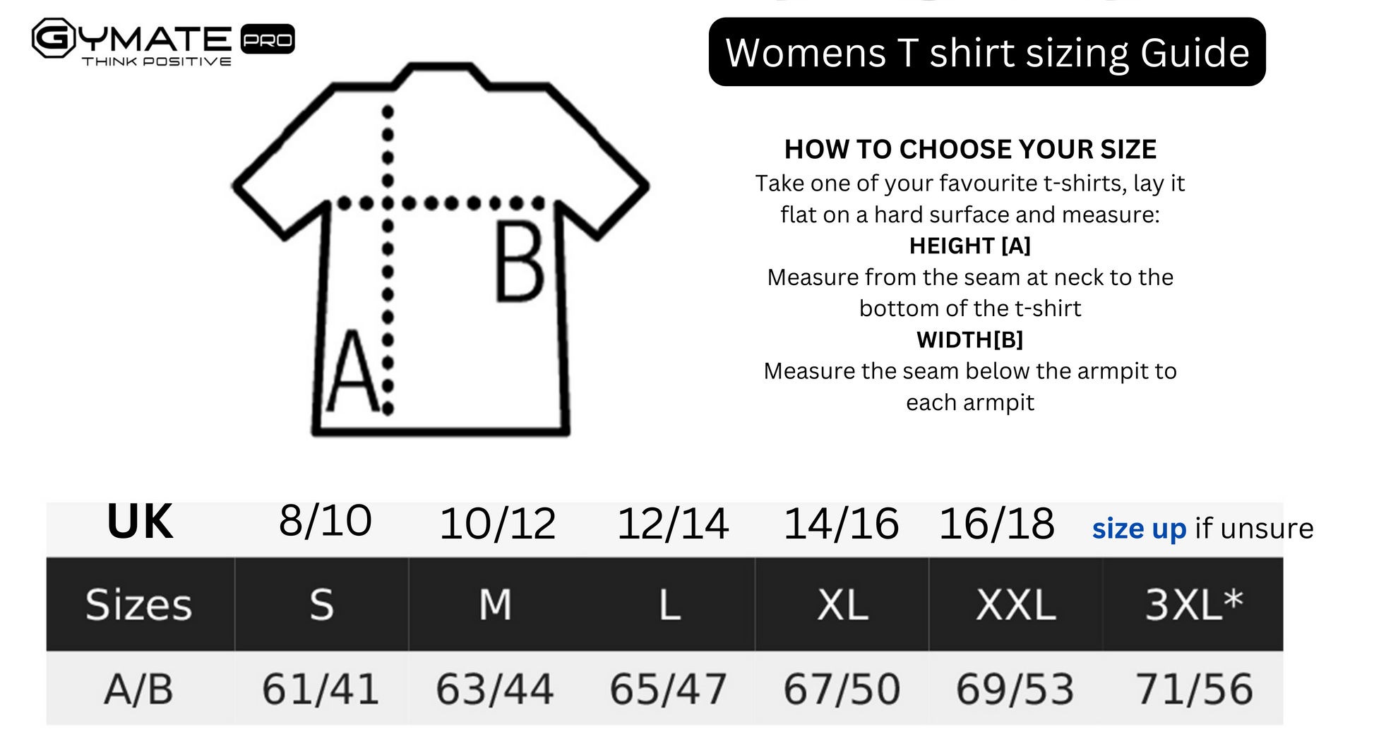 Designer T shirts for women Original Gymate Think Positive size chart