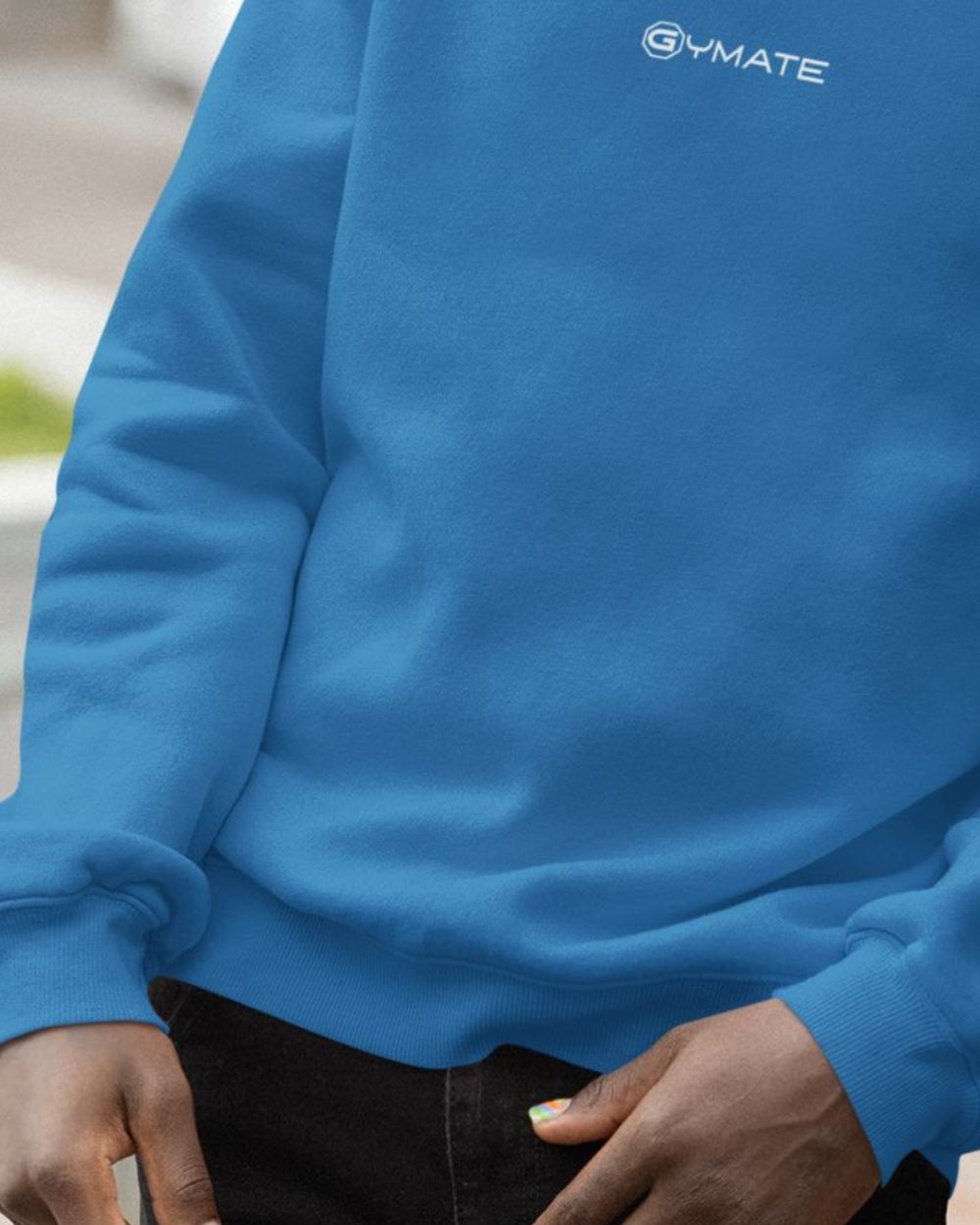 sapphire blue Mens Designer Sweatshirts close up hem and cuff