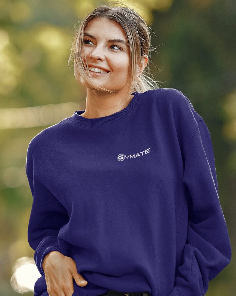 navy blue womens design sweatshirt with white Gymate logo to chest