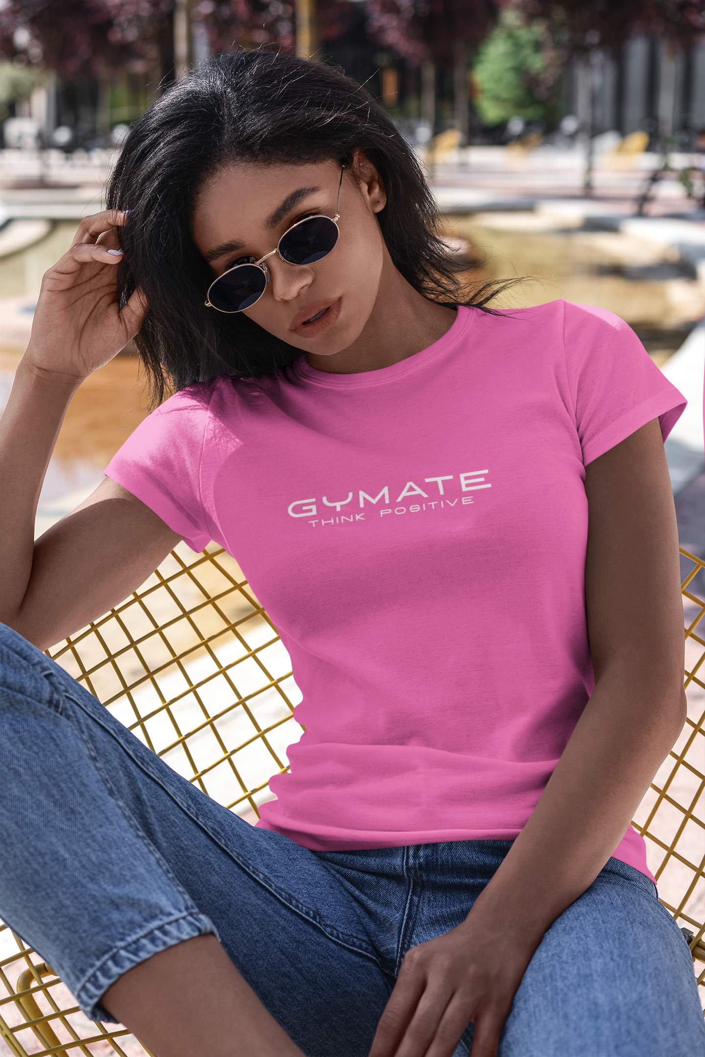 Designer T shirts for women Original Gymate Think Positive pink