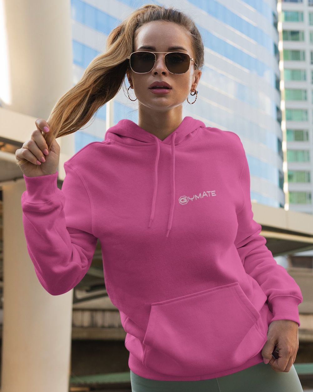 pink womens designer hoodie with gymate logo on chest