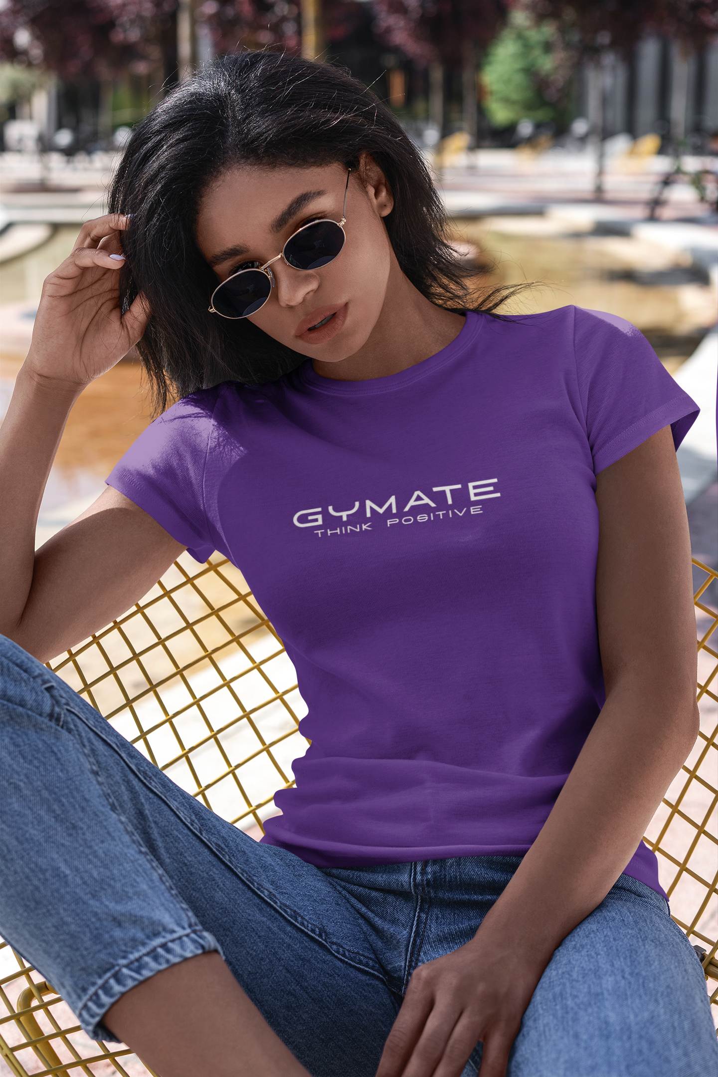 Designer T shirts for women Original Gymate Think Positive purple
