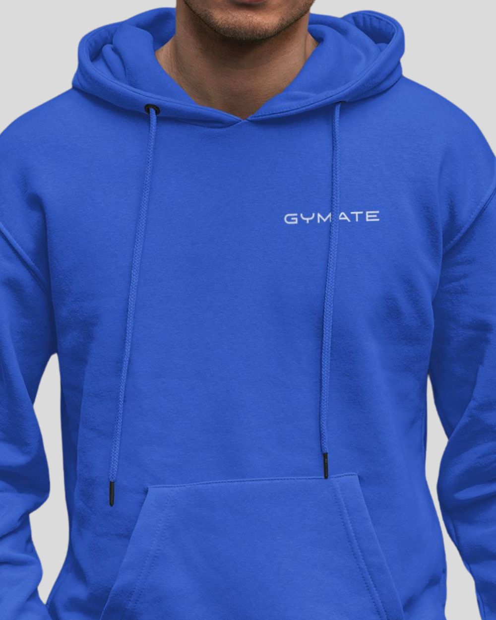 Royal Blue Hoodie Mens – Gymate Original Small Logo close up on chest