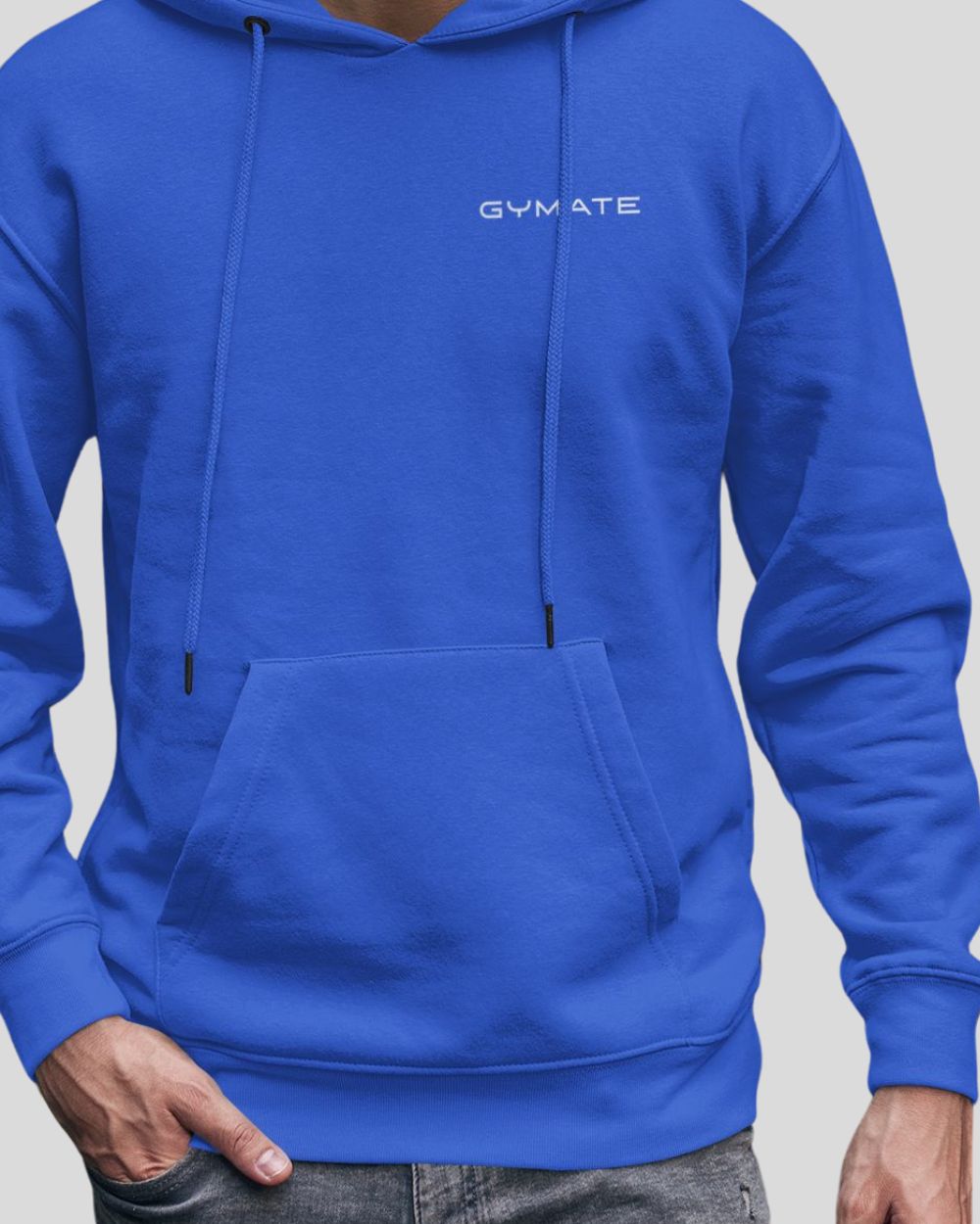 Royal Blue Hoodie Mens – Gymate Original Small Logo close up on hem and cuff