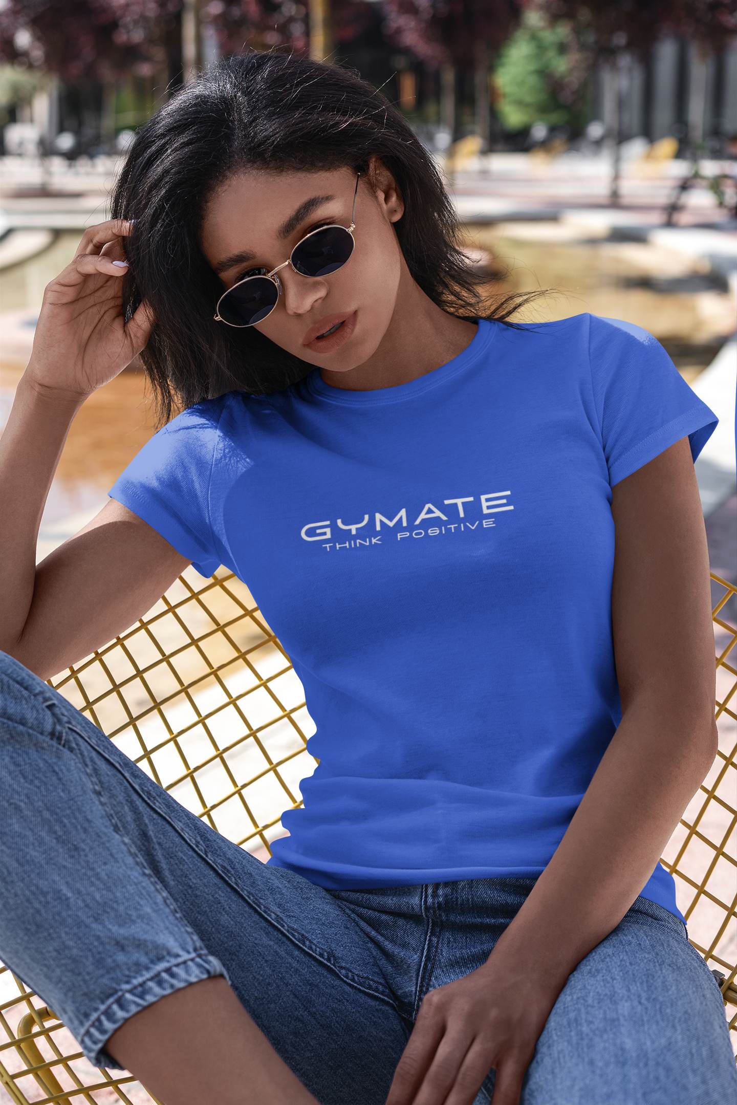 Designer T shirts for women Original Gymate Think Positive royal blue