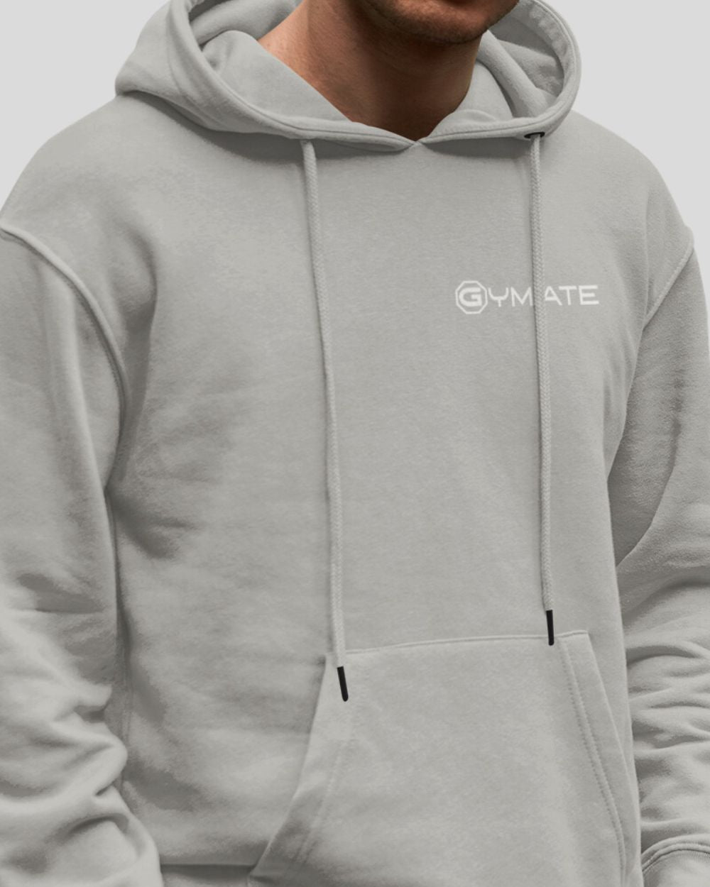 silver grey Mens Hoodies Designer Gymate close up logo