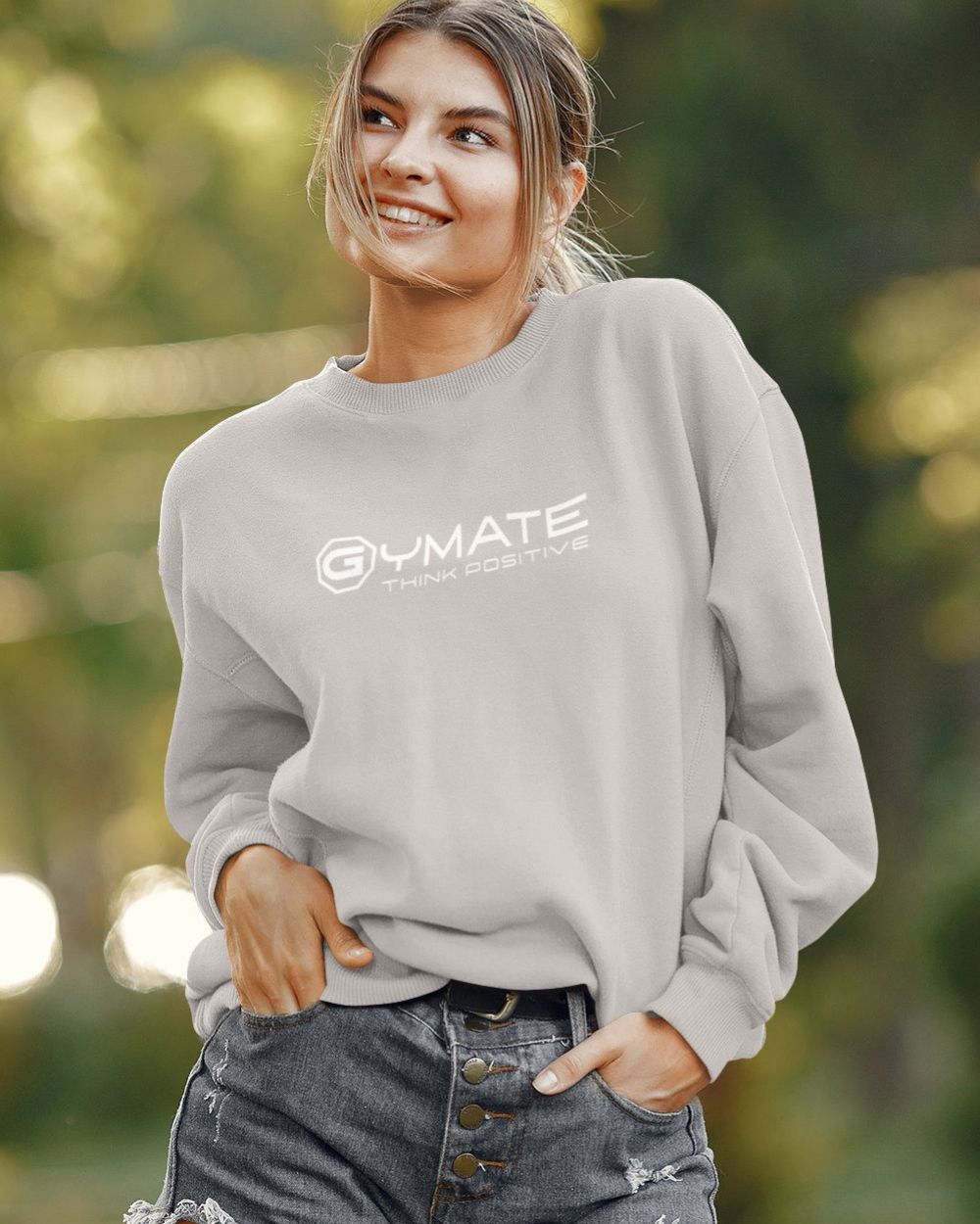 silver grey Designer Womens Sweatshirts 'Think Positive' Gymate logo