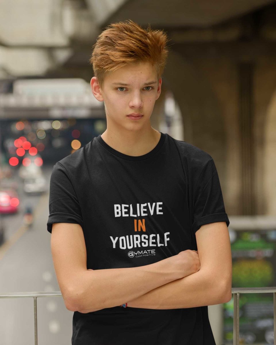 Black Believe in Yourself'' motivational custom slogan tees for youths/kids