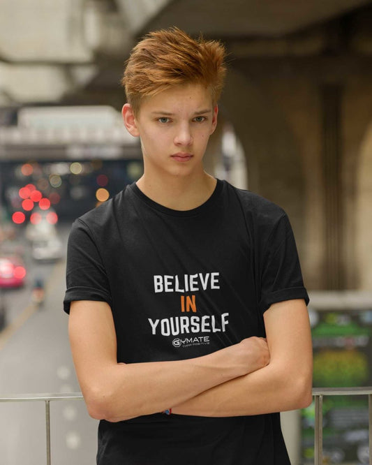 Black Believe in Yourself'' motivational slogan slogan t shirts for youths/kids