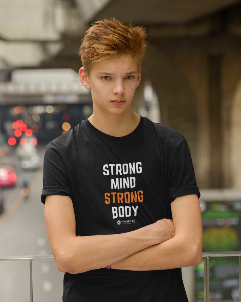 Black 'Strong Mind Strong Body' positive slogan t shirts for kids