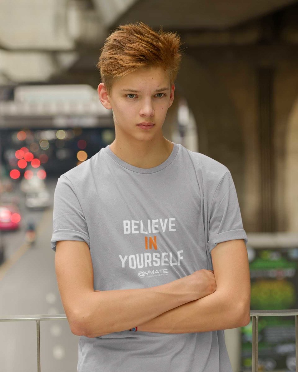 Grey Believe in Yourself'' motivational custom slogan tees for youths/kids