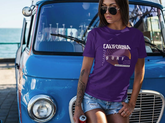 slogan t shirts womens Activewear leisure wear California surf purple