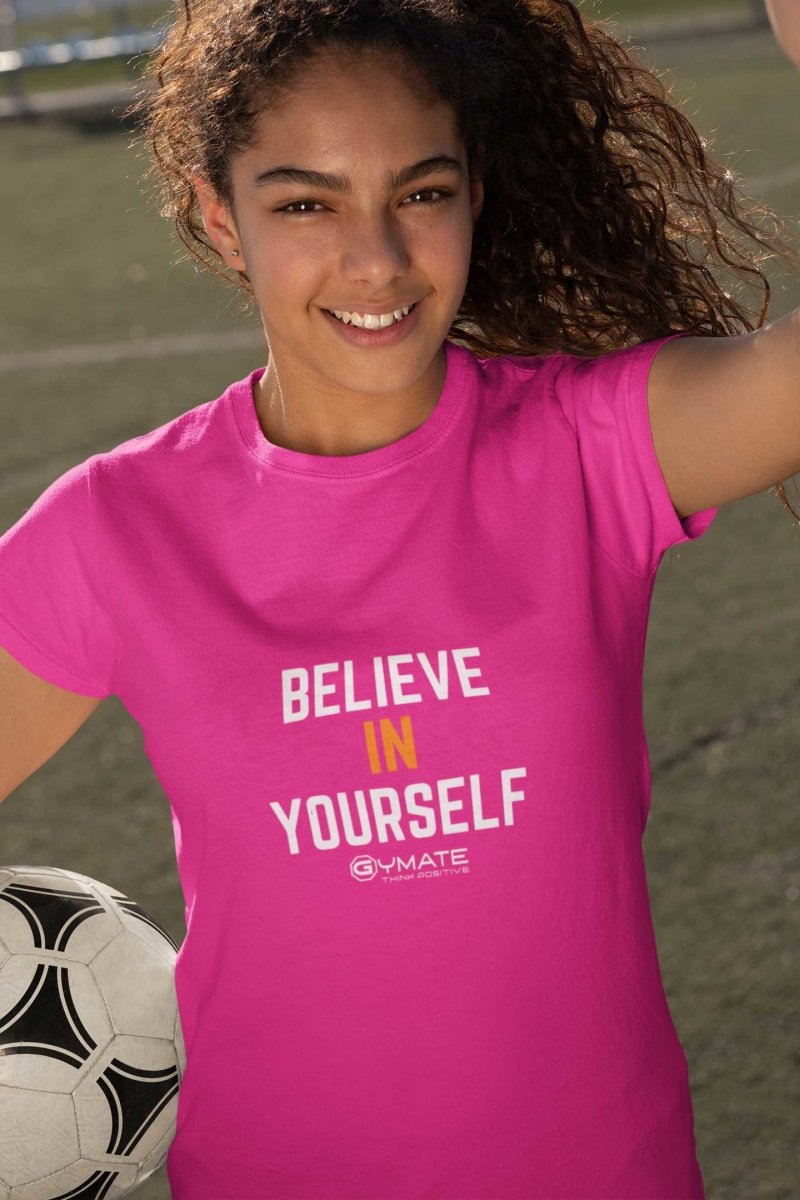 Pink Believe in Yourself'' motivational custom slogan tees for youths/kids