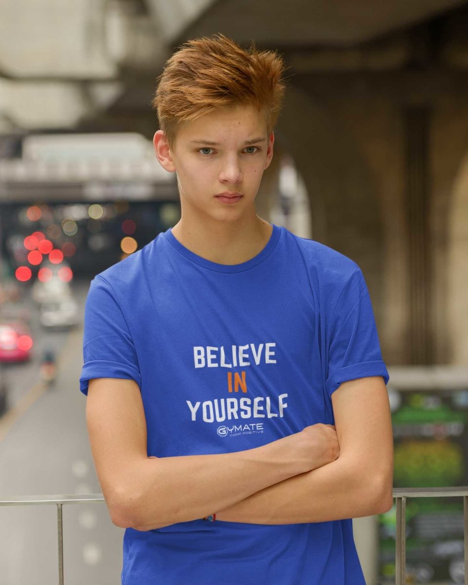 Blue Believe in Yourself'' motivational custom slogan t shirts for youths/kids