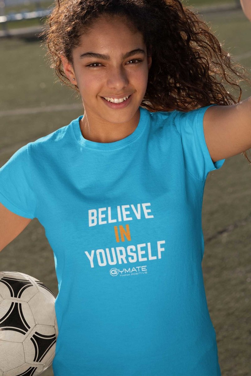 Sapphire Blue Believe in Yourself'' motivational custom slogan t shirts for youths/kids