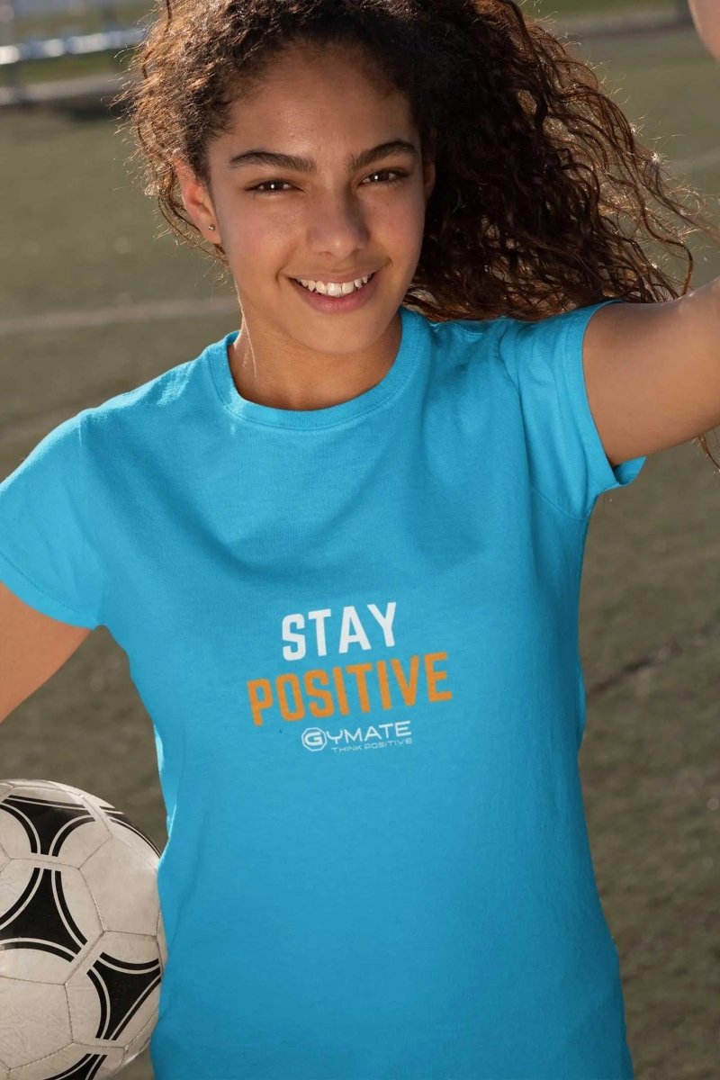 Custom t shirts with Motivational slogan youth sapphire blue Stay Positive 2