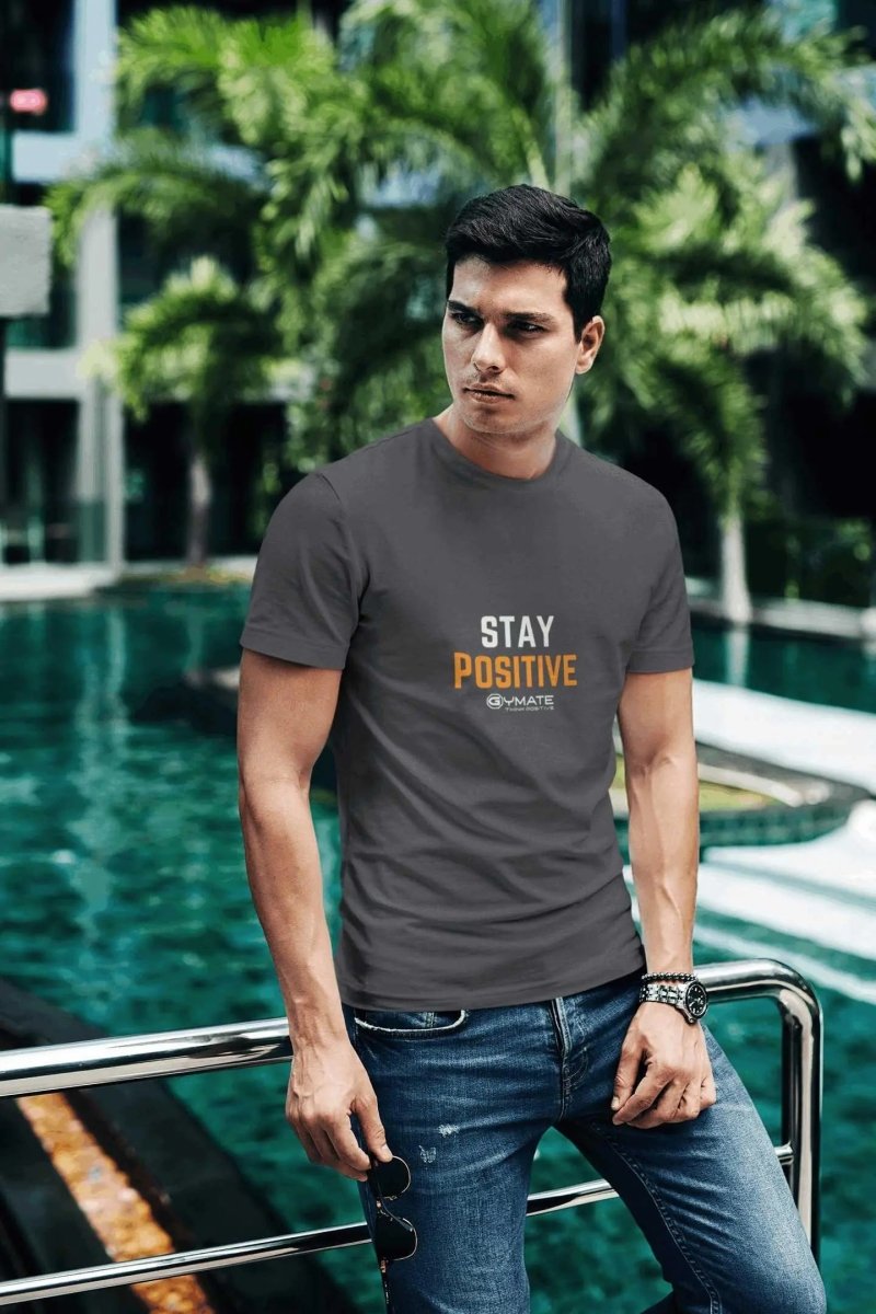 Slogan T Shirts to inspire and uplift Men | Stay Positive dark grey 2